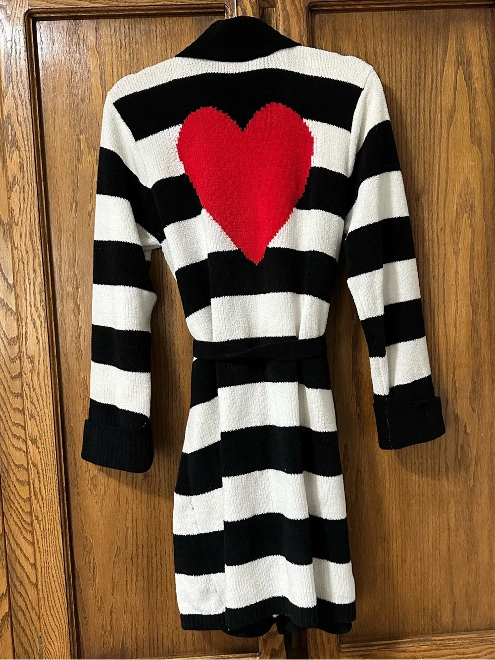 Betsy Johnson Chenille Robe Long Cardigan Sweater Size L Heart Striped Soft Sz M